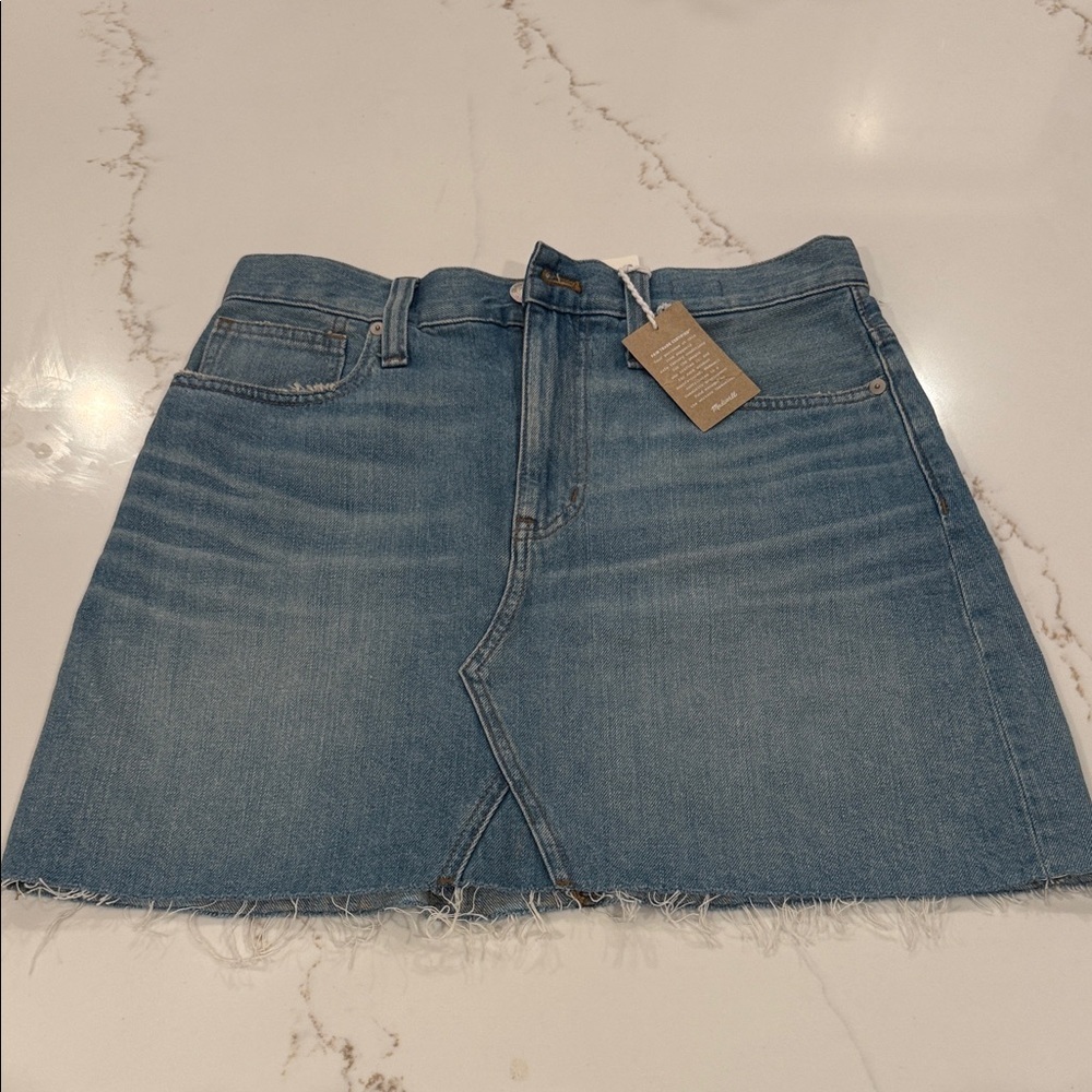 NWT Madewell Denim Blue Distressed Bottom Mini Skirt Size 28